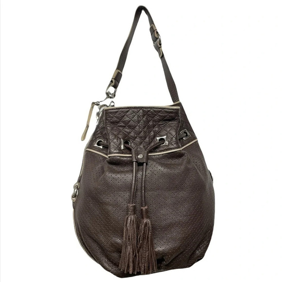 Francesco Biasia Brown 100% Calf Leather Perforated Fringe Bucket Bag Hobo - Picture 3 of 15